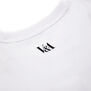 A close up of the nape of a white t-shirt with the V&A logo in black.